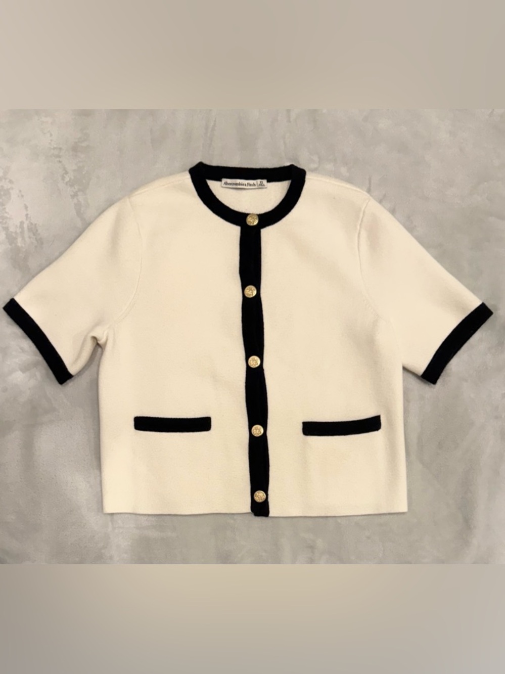 Abercrombie & Fitch LuxeLoft Short Sleeve Cardigan Sweater XS Ivory & Black